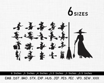 Hexe Stickdatei, Fliegende Hexe Stickerei, Halloween Stickdatei, Hexe Silhouette, Mini Hexe Bundle Stickdatei, 22 Designs