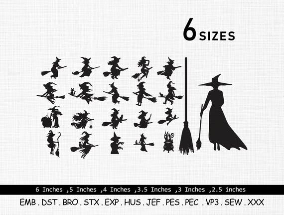 Witch embroidery design, Flying witch embroidery, Halloween embroidery design, Witch Silhouette, Mini Witch Bundle embroidery, 22 Designs