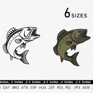 Könnte beinhalten: Illustration mit zwei Fischdesigns, eines in Schwarzweiß, das andere in Grün und Braun. Der Text "6 GRÖSSEN" steht über den Fischen. Größen von 20,3 cm bis 8,9 cm sind angegeben. Stickdateiformate sind ebenfalls aufgeführt.