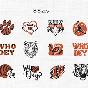 May include: A collection of twelve black and orange graphic designs featuring tiger motifs, football imagery, and the text "WHO DEY". The designs include a paw print, a heart-shaped football, a tiger wearing sunglasses, and a helmet. Text reads "8 Sizes".