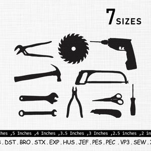 May include: Black silhouette illustrations of various tools, including a saw blade, drill, hammer, wrench, pliers, scissors, screwdriver, and utility knife. The text "7 SIZES" is above the tools, with size measurements in inches below. (15.2 cm, 12.7 cm, 10.2 cm, 8.9 cm, 7.6 cm, 6.4 cm, 5.1 cm)