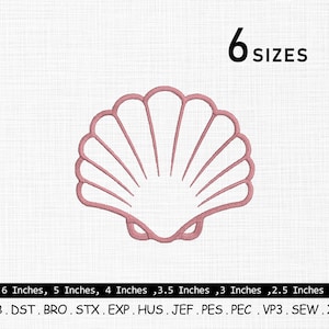 Puede incluir: Un diseño de contorno de concha rosa. La imagen incluye el texto "6 TAMAÑOS" y medidas en pulgadas: 6, 5, 4, 3.5, 3 y 2.5. Debajo de la concha, la imagen enumera formatos de archivo de bordado.