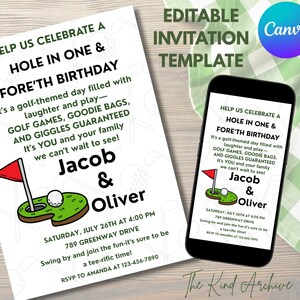 Invitation d'anniversaire de golf | Fête d'anniversaire du trou d'un coup | Invitation de golf modifiable | Invitation imprimable pour jumeaux ou frères et sœurs