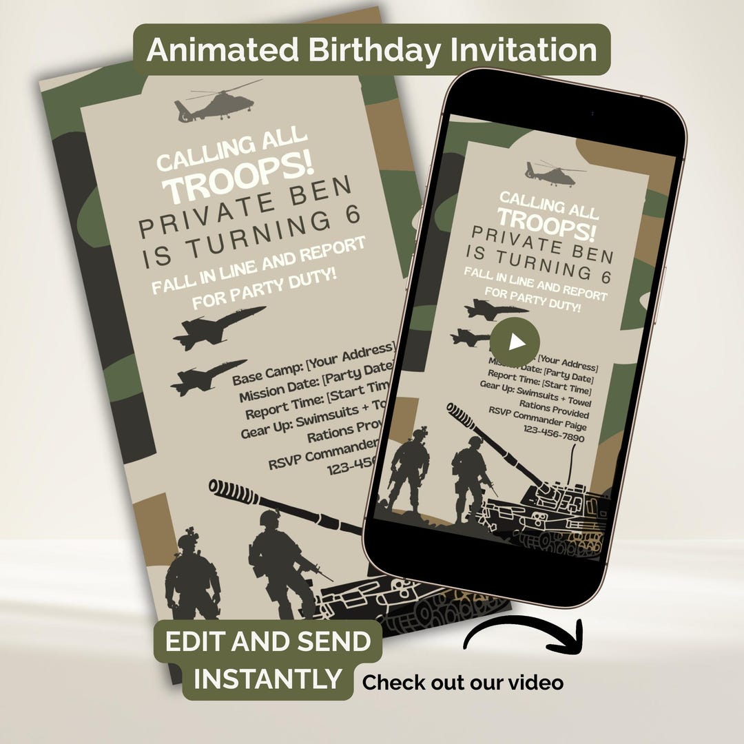 Army Birthday Invitation: Editable Camouflage Military Party | Digital ...