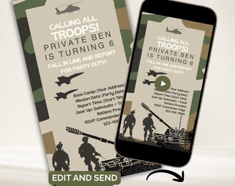 Army Birthday Invitation: Editable Camouflage Military Party | Digital Video Invite