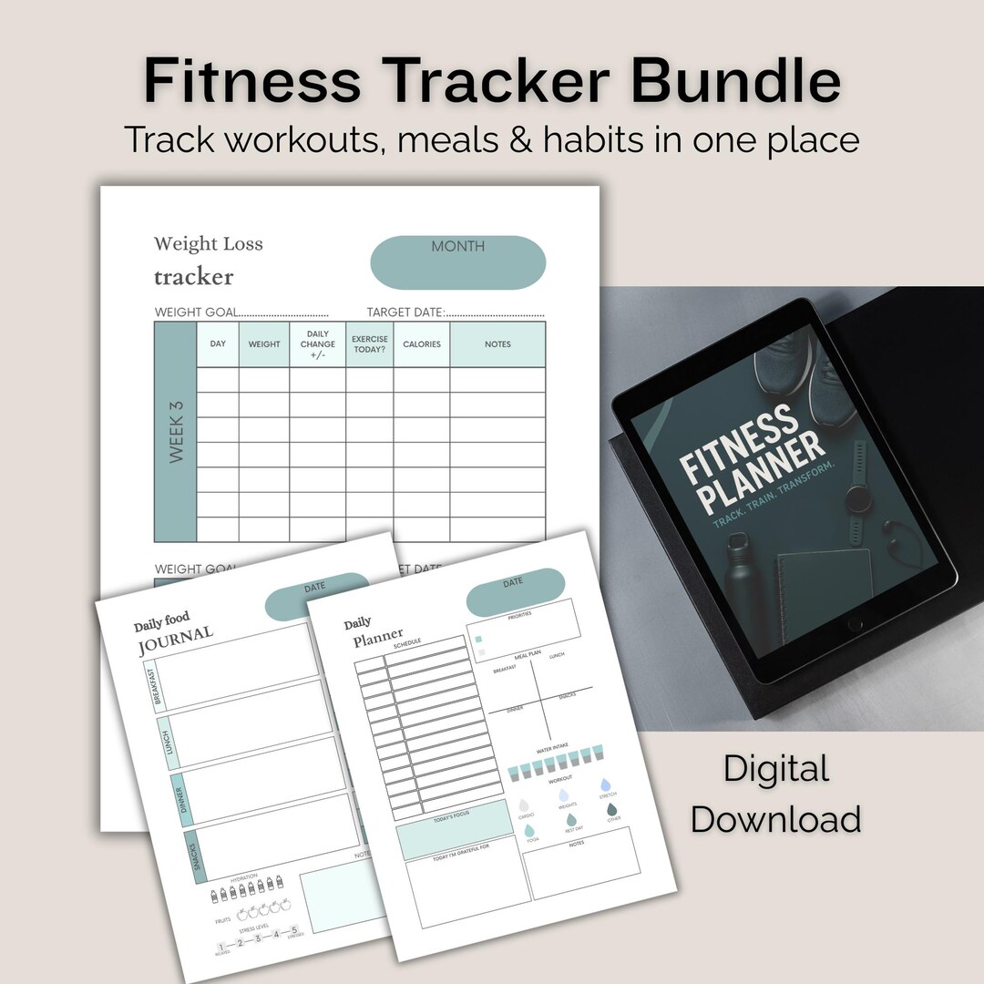 Fitness Planner Bundle, Wellness Meal Habit Tracker PDF, Digital ...