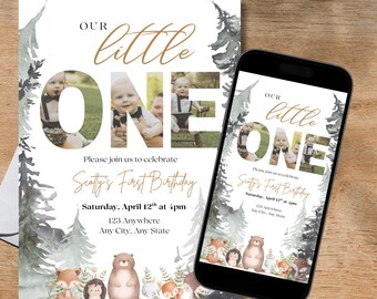 May include: A birthday invitation with the text "Our Little One" and a photo of a baby. The invitation includes details for Scotty's First Birthday, with forest-themed illustrations and a smartphone displaying the same design.