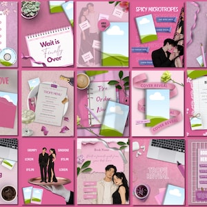 Könnte beinhalten: Eine Sammlung von fünfzehn digitalen Social-Media-Vorlagen mit einer einheitlichen rosa Farbpalette, Buchcover-Attrappen mit grünen Landschaftsillustrationen, Textplatzhaltern und verschiedenen dekorativen Elementen wie Schreibwaren, Kaffee und Personen.