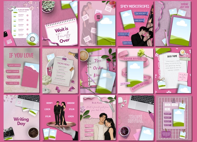 May include: A collection of fifteen digital social media templates featuring a consistent pink color palette, book cover mockups with green landscape illustrations, text placeholders, and various decorative elements like stationery, coffee, and people.