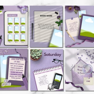 May include: A collection of six digital planner templates in shades of purple, featuring book trackers, reading logs, and monthly wrap-up pages. Elements include a magnifying glass, headphones, a succulent, glasses, pens, and envelopes on a light background.