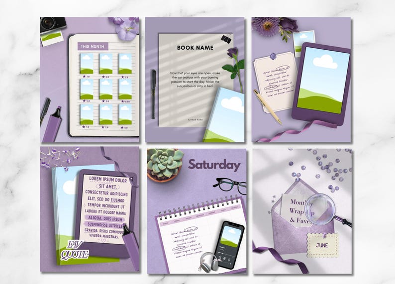 May include: A collection of six digital planner templates in shades of purple, featuring book trackers, reading logs, and monthly wrap-up pages. Elements include a magnifying glass, headphones, a succulent, glasses, pens, and envelopes on a light background.