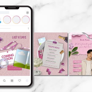 May include: A smartphone displaying three social media post templates with a pink textured background. The designs feature a 'COMING SOON' sign, a 'TROPE MENU' list, and an illustration of a couple with a space for a book name and quote.