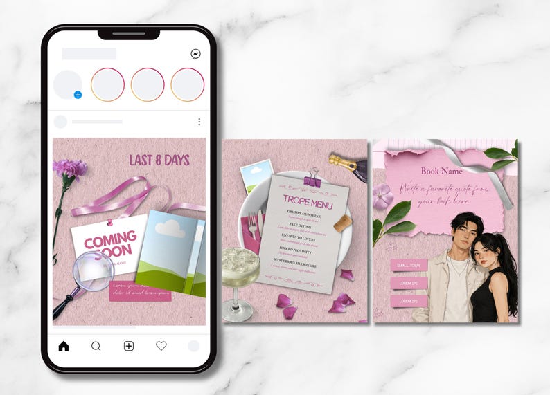 May include: A smartphone displaying three social media post templates with a pink textured background. The designs feature a 'COMING SOON' sign, a 'TROPE MENU' list, and an illustration of a couple with a space for a book name and quote.