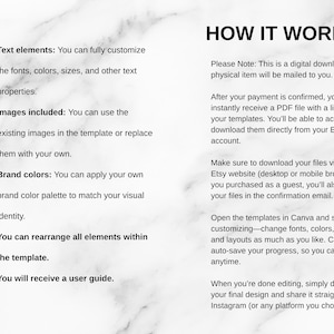 May include: A digital download template with text elements, images, and brand color customization options. The template allows rearranging elements and includes a user guide. Instructions on how to access and download the template are also provided.
