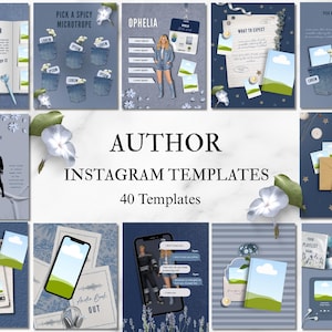 Puede incluir: Un conjunto de 40 plantillas de Instagram para autores, con diseños en tonos azules y blancos. Las plantillas incluyen gráficos temáticos de libros, superposiciones de texto e ilustraciones. El texto "AUTHOR INSTAGRAM TEMPLATES" se muestra.