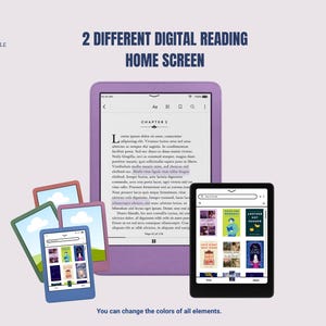 May include: Image of digital reading home screens. A large, purple e-reader displays text, while a black tablet shows book covers. Smaller tablets in blue, green, and pink are also present. Text reads: "2 DIFFERENT DIGITAL READING HOME SCREEN."