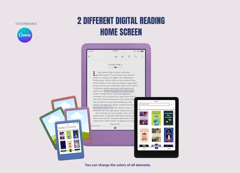 May include: Image of digital reading home screens. A large, purple e-reader displays text, while a black tablet shows book covers. Smaller tablets in blue, green, and pink are also present. Text reads: "2 DIFFERENT DIGITAL READING HOME SCREEN."