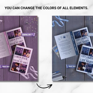 May include: Two book mockups with the text "City Lights and Late Nights" and "Lorem Ipsum and Dolor Sit Amet" are displayed on a wooden surface. The text "Coming July 7" and "Small Town" are also visible. Ribbons and pens are scattered around.