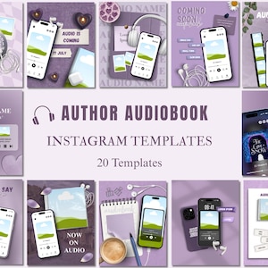 May include: A collection of twenty purple-themed Instagram templates for author audiobooks, featuring various layouts with smartphones, headphones, notebooks, and text overlays like Author Audiobook Instagram Templates and Coming Soon.