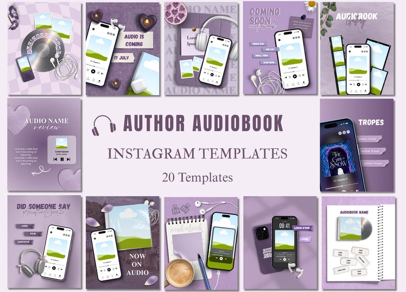 Pu&ograve; includere: Una collezione di venti modelli Instagram a tema viola per audiolibri d'autore, caratterizzati da vari layout con smartphone, cuffie, quaderni e sovrapposizioni di testo come Author Audiobook Instagram Templates e Coming Soon.
