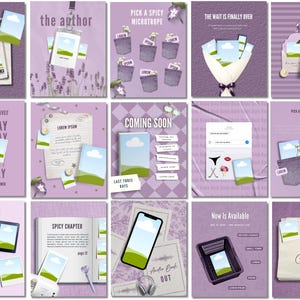 May include: A collage of purple-themed graphics with text elements. The images include a newspaper with "Coming Soon," a name tag with "the author," pockets with text, a bouquet, a giveaway announcement, a book with "Spicy Chapter," a phone, and a shopping basket.