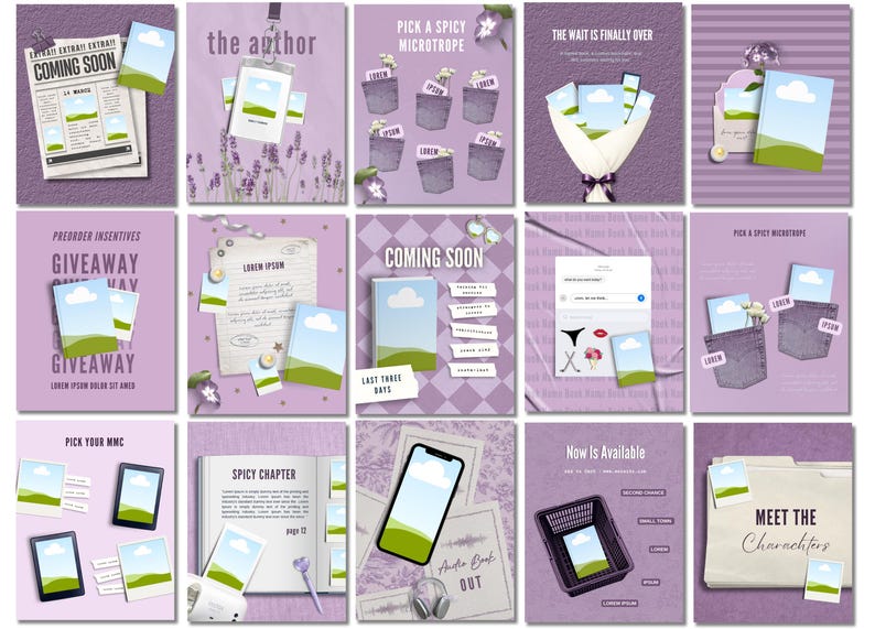 May include: A collage of purple-themed graphics with text elements. The images include a newspaper with "Coming Soon," a name tag with "the author," pockets with text, a bouquet, a giveaway announcement, a book with "Spicy Chapter," a phone, and a shopping basket.