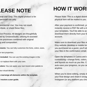 May include: A white marble background with black text titled PLEASE NOTE and HOW IT WORKS. The text outlines digital product terms, including personal use only, no commercial resale, and instructions for accessing and customizing templates in Canva.
