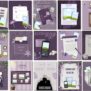 May include: A collection of digital art pieces with a purple theme. Each piece features a different design, including a calendar, a notebook with "GIVE AWAY" text, a phone, and a mood board. The designs incorporate images of landscapes and floral elements.
