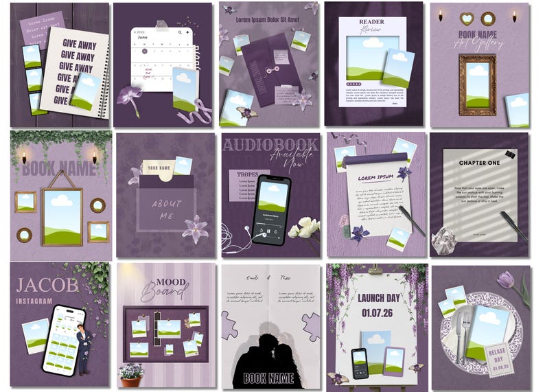 May include: A collection of digital art pieces with a purple theme. Each piece features a different design, including a calendar, a notebook with "GIVE AWAY" text, a phone, and a mood board. The designs incorporate images of landscapes and floral elements.