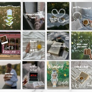 May include: A collection of twelve book-themed graphics with text overlays. Titles include "My favorite author's favorite series," "Grumpy x Sunshine BOOKS," and "Books That Stole My Heart." Other graphics feature books, coffee, and the text "Read this & Listen this."