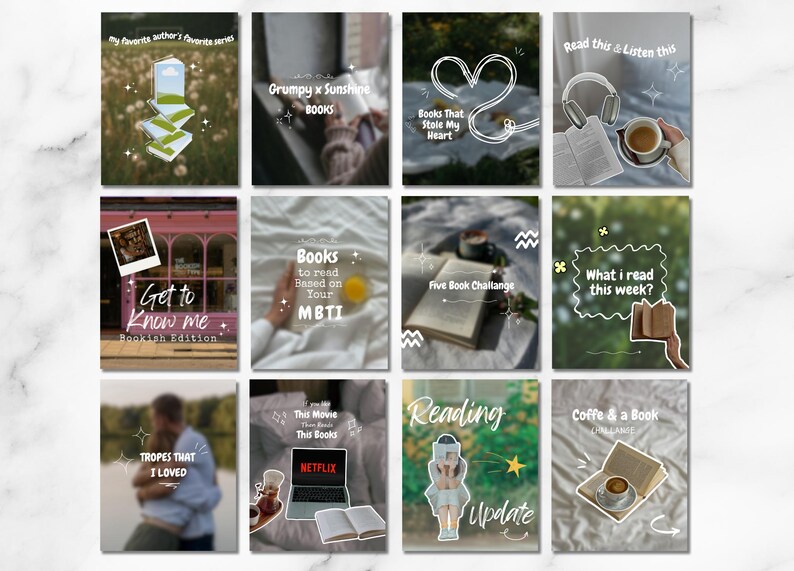 May include: A collection of twelve book-themed graphics with text overlays. Titles include "My favorite author's favorite series," "Grumpy x Sunshine BOOKS," and "Books That Stole My Heart." Other graphics feature books, coffee, and the text "Read this & Listen this."