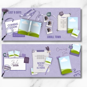 May include: Two light purple banners with book-themed elements. The top banner says "LAST 8 DAYS" and "COMING SOON". The bottom banner says "July 2026" and "BOOK TITLE IS HERE". Both banners have photos, ribbons, and magnifying glasses.