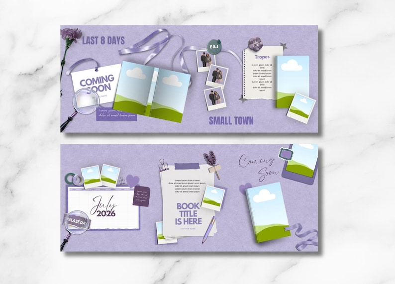 May include: Two light purple banners with book-themed elements. The top banner says "LAST 8 DAYS" and "COMING SOON". The bottom banner says "July 2026" and "BOOK TITLE IS HERE". Both banners have photos, ribbons, and magnifying glasses.