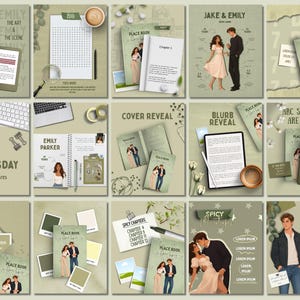 Può includere: Una raccolta di quindici modelli per social media color verde salvia per la promozione di libri, con illustrazioni di una coppia, copertine di libri intitolate Place Book, testi come Cover Reveal e vari elementi di cancelleria.