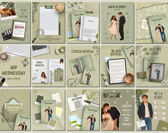Può includere: Una raccolta di quindici modelli digitali per social media in verde salvia con grafiche a tema libro, illustrazioni di una coppia, segnaposto per testo e vari elementi di cancelleria per la promozione di autori.