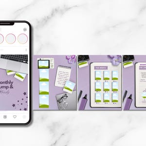 May include: A digital planner template displayed on a smartphone screen and three separate square layouts. The design features a light purple background with icons of cameras, notebooks, pens, glasses, and photo frames with landscape illustrations.