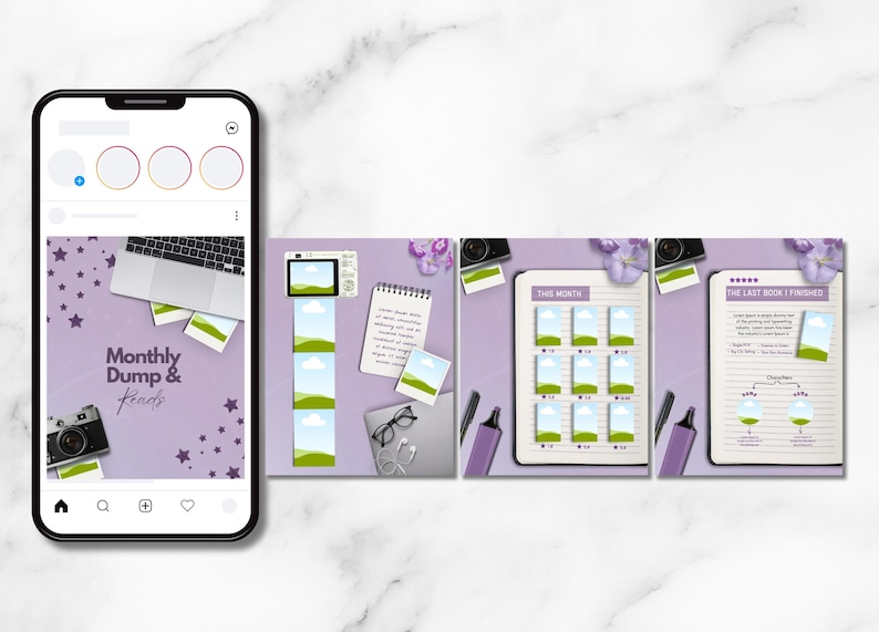 May include: A digital planner template displayed on a smartphone screen and three separate square layouts. The design features a light purple background with icons of cameras, notebooks, pens, glasses, and photo frames with landscape illustrations.
