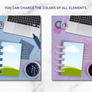 May include: Two flat-lay scenes featuring a laptop, washi tape, a marker, a heart-shaped note, a square note with text, and a book with a landscape cover showing a white cloud and green hills. The text reads: YOU CAN CHANGE THE COLORS OF ALL ELEMENTS.