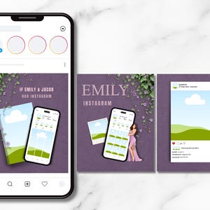 May include: A smartphone displays an Instagram post with a purple background and the text "If Emily & Jacob Had Instagram." The image includes a book and a phone with a green and white interface. The overall theme is social media and design.