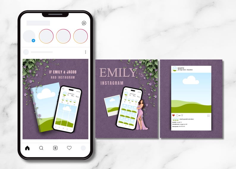 May include: A smartphone displays an Instagram post with a purple background and the text "If Emily & Jacob Had Instagram." The image includes a book and a phone with a green and white interface. The overall theme is social media and design.