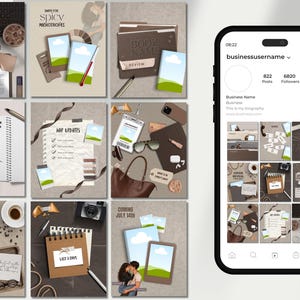 Op de afbeelding: Een set social media feed-sjablonen met negen verschillende lay-outs in neutrale bruine en beige tinten. De ontwerpen bevatten diverse elementen zoals notitieboekjes, pennen, koffiekopjes, camera's en fotolijstjes, weergegeven op een smartphone.