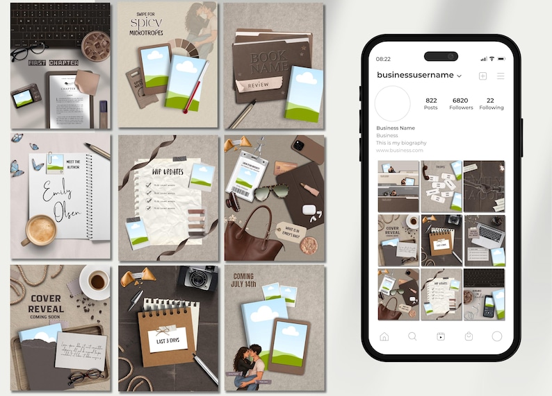 Op de afbeelding: Een set social media feed-sjablonen met negen verschillende lay-outs in neutrale bruine en beige tinten. De ontwerpen bevatten diverse elementen zoals notitieboekjes, pennen, koffiekopjes, camera's en fotolijstjes, weergegeven op een smartphone.