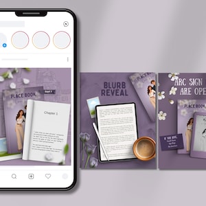May include: A smartphone displaying a social media feed with promotional graphics for a book titled Place Book. The graphics feature a purple theme, illustrations of a couple, text reading ARC SIGN UPS ARE OPEN, BLURB REVEAL, and Chapter 1.