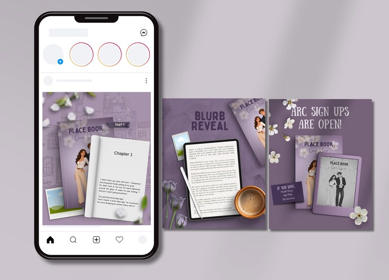 May include: A smartphone displaying a social media feed with promotional graphics for a book titled Place Book. The graphics feature a purple theme, illustrations of a couple, text reading ARC SIGN UPS ARE OPEN, BLURB REVEAL, and Chapter 1.