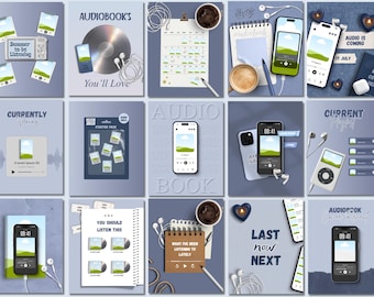 May include: A collection of fifteen digital social media templates featuring audiobook themes, including smartphones, wired and wireless earbuds, coffee cups, calendars, and text overlays like 'Audiobook's You'll Love' and 'Currently Listening'.