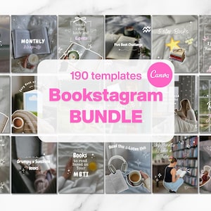 Puede incluir: Un paquete de 190 plantillas de Bookstagram. Las plantillas presentan varios temas, incluyendo desafíos de lectura, reseñas de libros y publicaciones de viajes de lectura. El texto "Bookstagram BUNDLE" es rosa, con el logo de Canva.