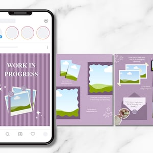 Może przedstawiać: Smartfon wyświetla post w mediach społecznościowych z tekstem &bdquo;WORK IN PROGRESS&rdquo; i projektem układu. Projekt zawiera ramki na zdjęcia, aparat fotograficzny i fioletową kolorystykę z pionowymi paskami i elementami dekoracyjnymi.