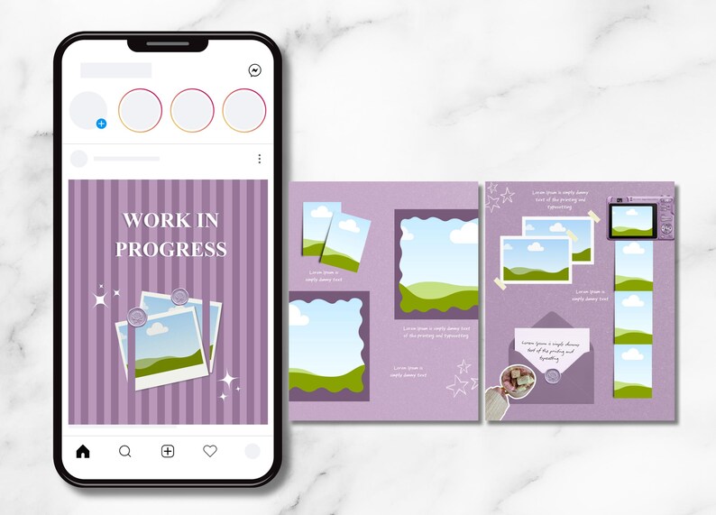Może przedstawiać: Smartfon wyświetla post w mediach społecznościowych z tekstem &bdquo;WORK IN PROGRESS&rdquo; i projektem układu. Projekt zawiera ramki na zdjęcia, aparat fotograficzny i fioletową kolorystykę z pionowymi paskami i elementami dekoracyjnymi.