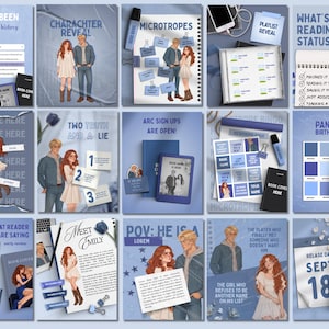 Könnte beinhalten: Eine Sammlung von fünfzehn digitalen Marketingvorlagen für die Buchwerbung mit Illustrationen eines Paares, blauen Farbschemata und Textelementen wie 'The Has-Been', 'Character Reveal', 'Microtropes', 'What's Your Reading Status?', 'Two Truth and a Lie', 'Arc Sign Ups', 'Pantone Birth Chart', 'What Reader Are Saying', 'Meet Emily', 'POV: He Is A' und 'Release Day Sept 18'.