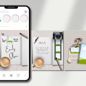 Op de afbeelding: Een smartphonescherm met een social media bericht met drie vierkante afbeeldingen van een spiraalnotitieboek, een kop koffie, een pen, vlinders, een camera, filmstrips, een boek en een envelop met tekst inclusief Emily Olsen.
